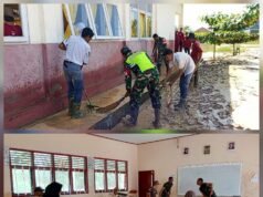Koramil 08/Arongan Lambalek Bersama Warga Bersihkan Sekolah Pasca Banjir